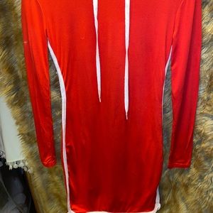 Red long sleeve dress with hood.